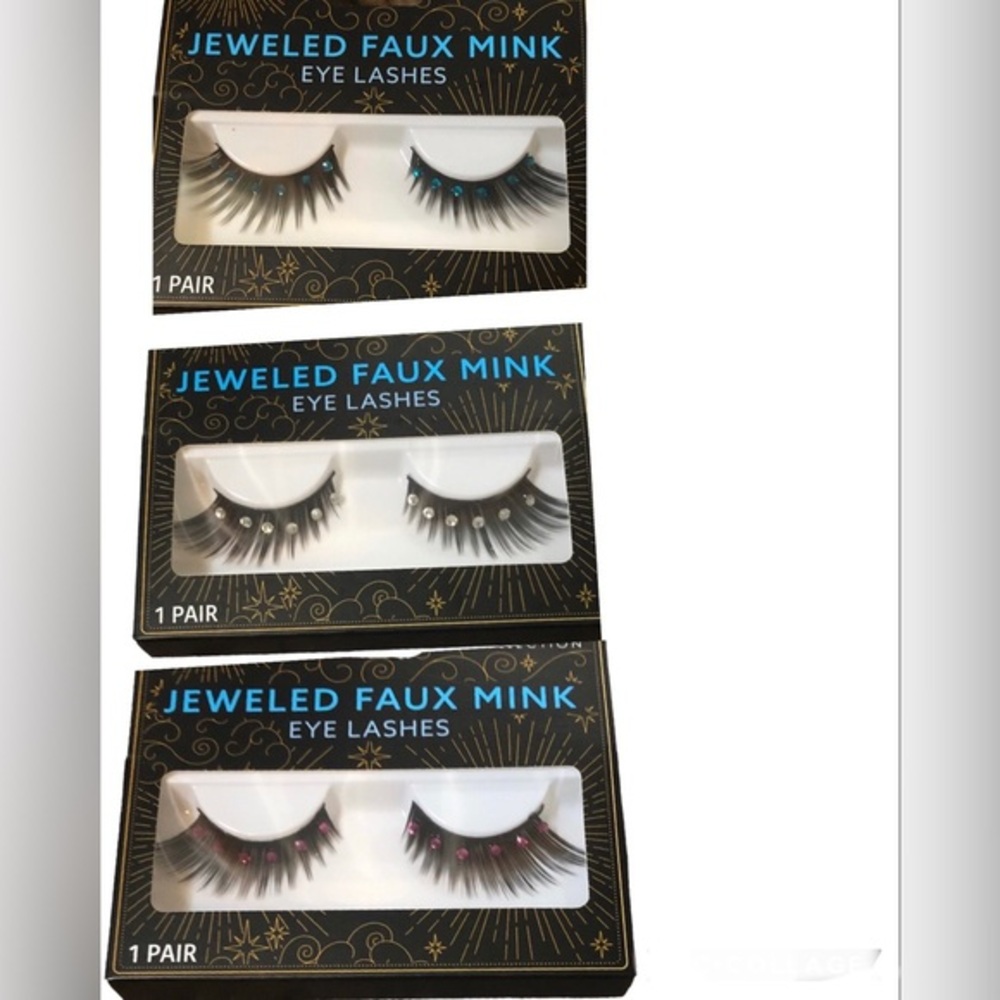 5pc lash set-3 jeweled faux mink ruby, diamond & sapphire‎ lashes & 2pk glue